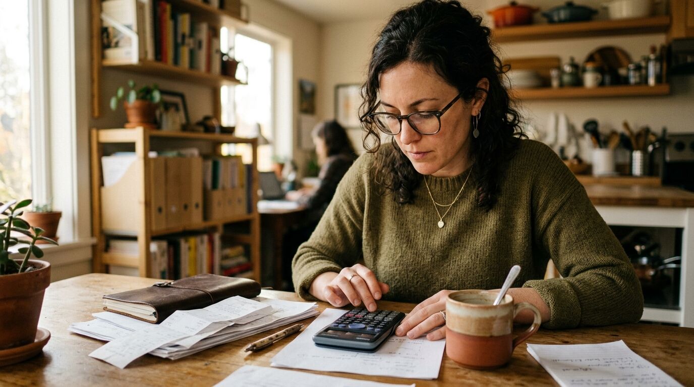 A small-business owner at a kitchen table with a calculator working out how to reduce customer support costs