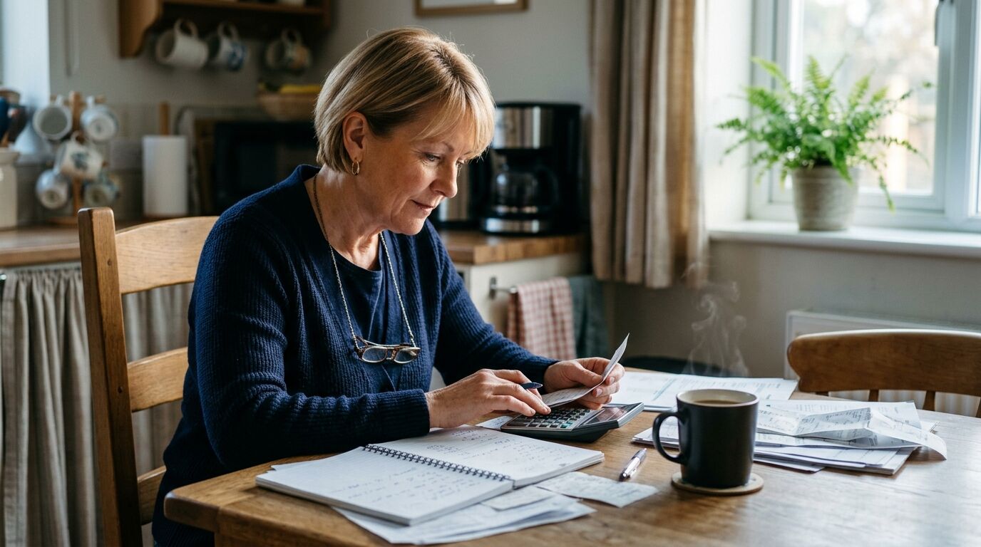 A small-business owner working out support cost per customer with a calculator at a desk
