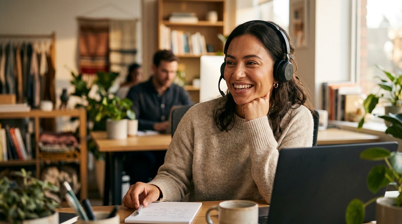 A small business owner working through a support ticket backlog on a laptop at a workshop bench