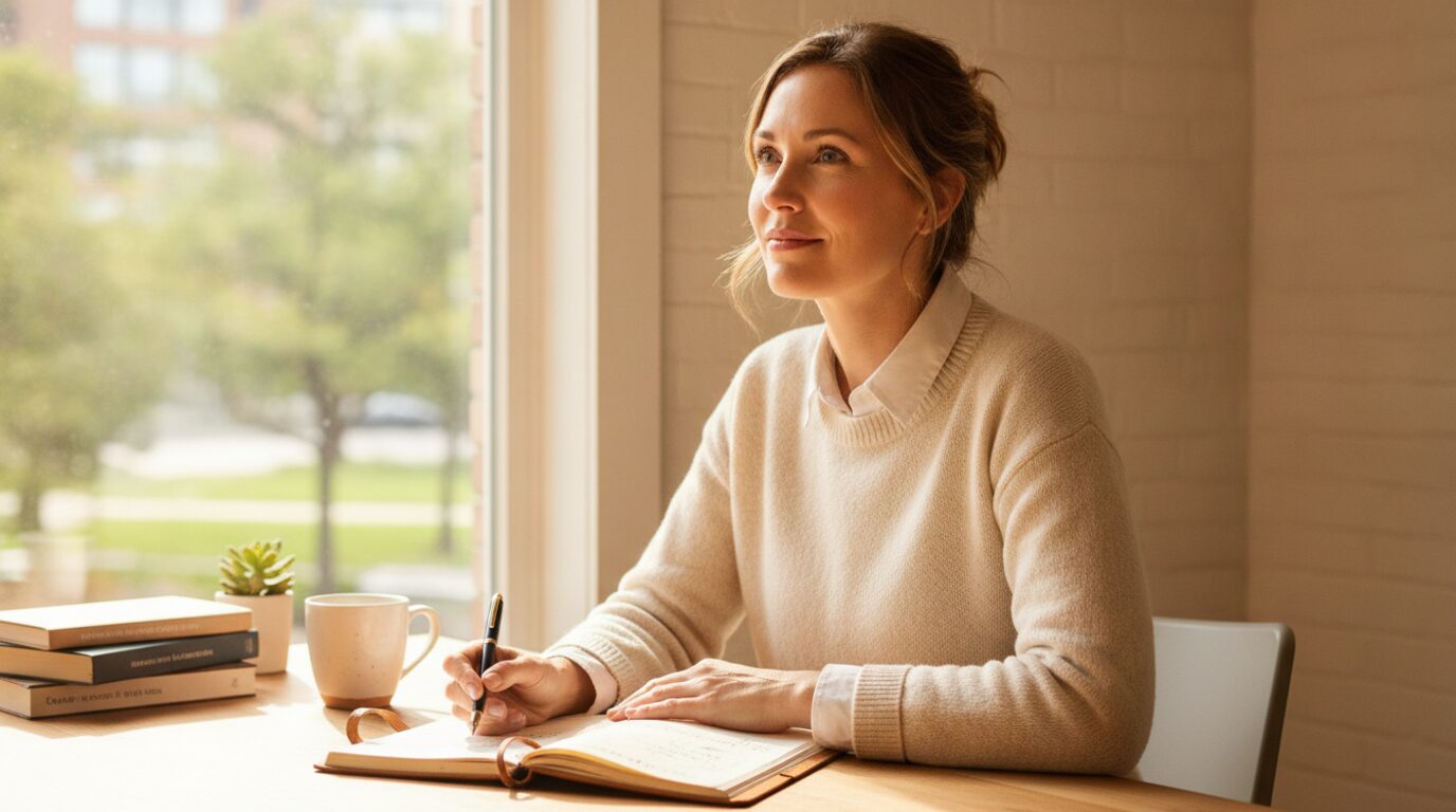 A small business owner at a sunlit desk planning how to switch help desk software