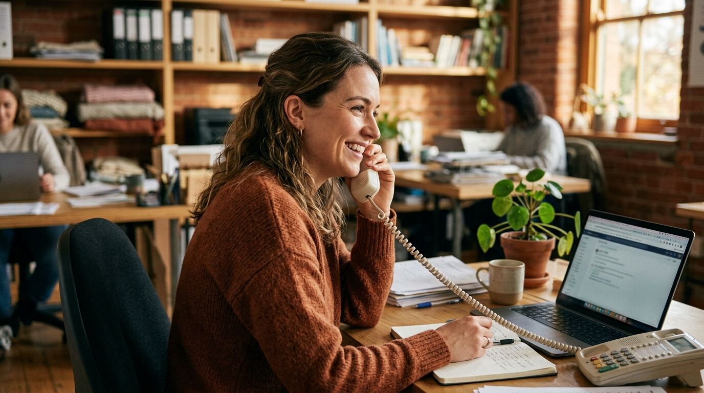 A small business owner at a desk reviewing a ticket escalation process on a shared screen