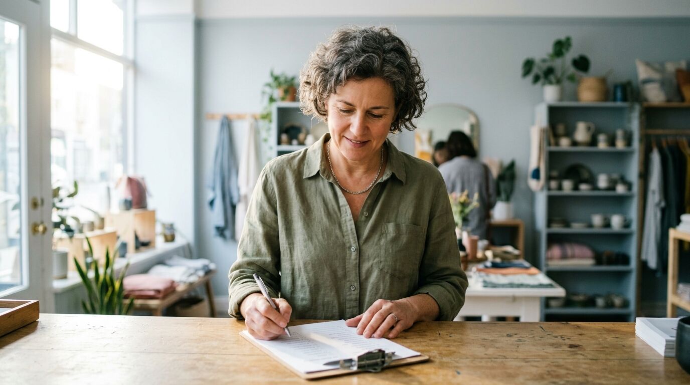 A small-business owner comparing a ticketing system for small business at a sunlit desk