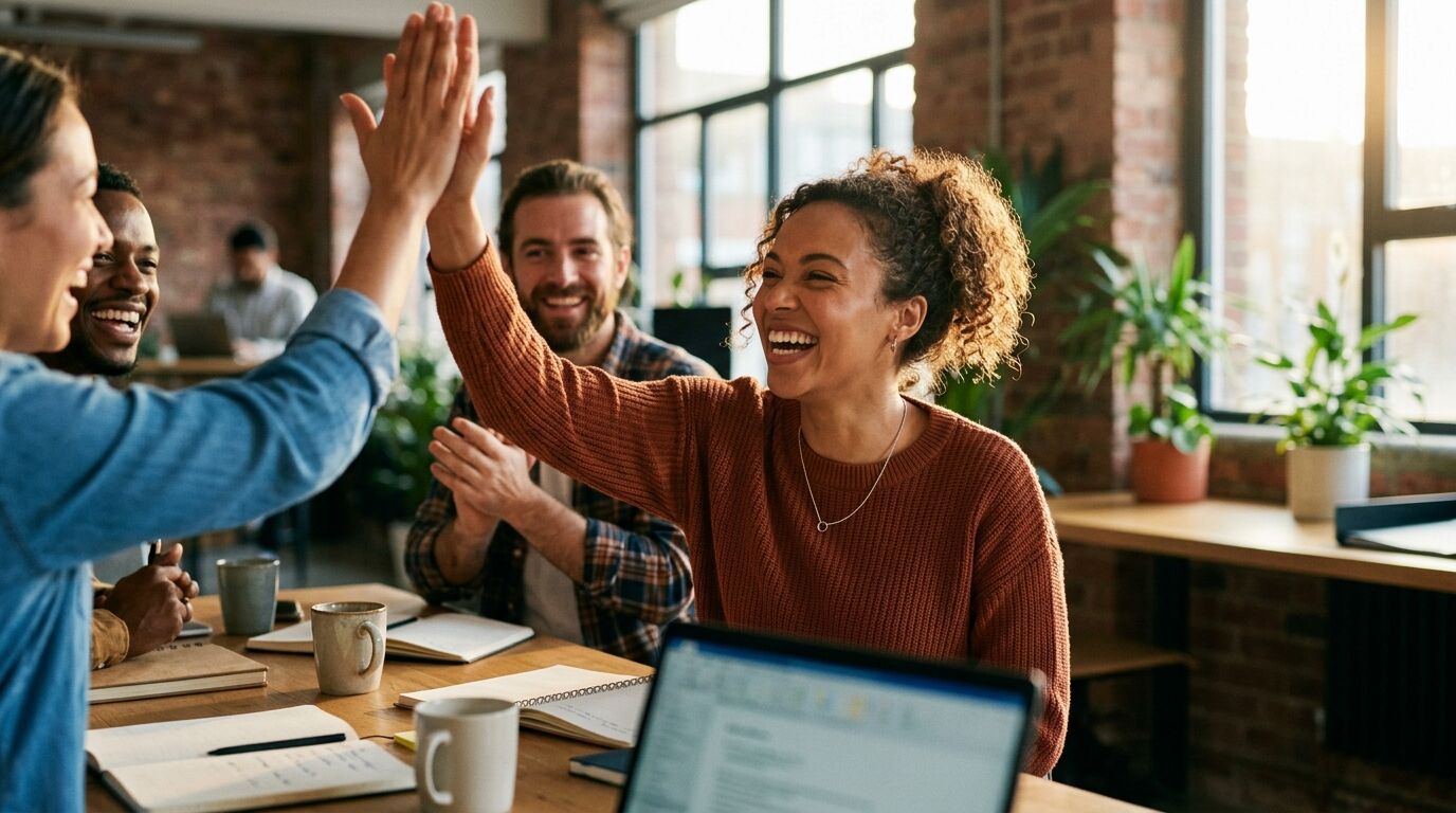 A small team celebrating a win together at a desk in a bright office, the kind of steady growth that raises the question of when to hire customer support