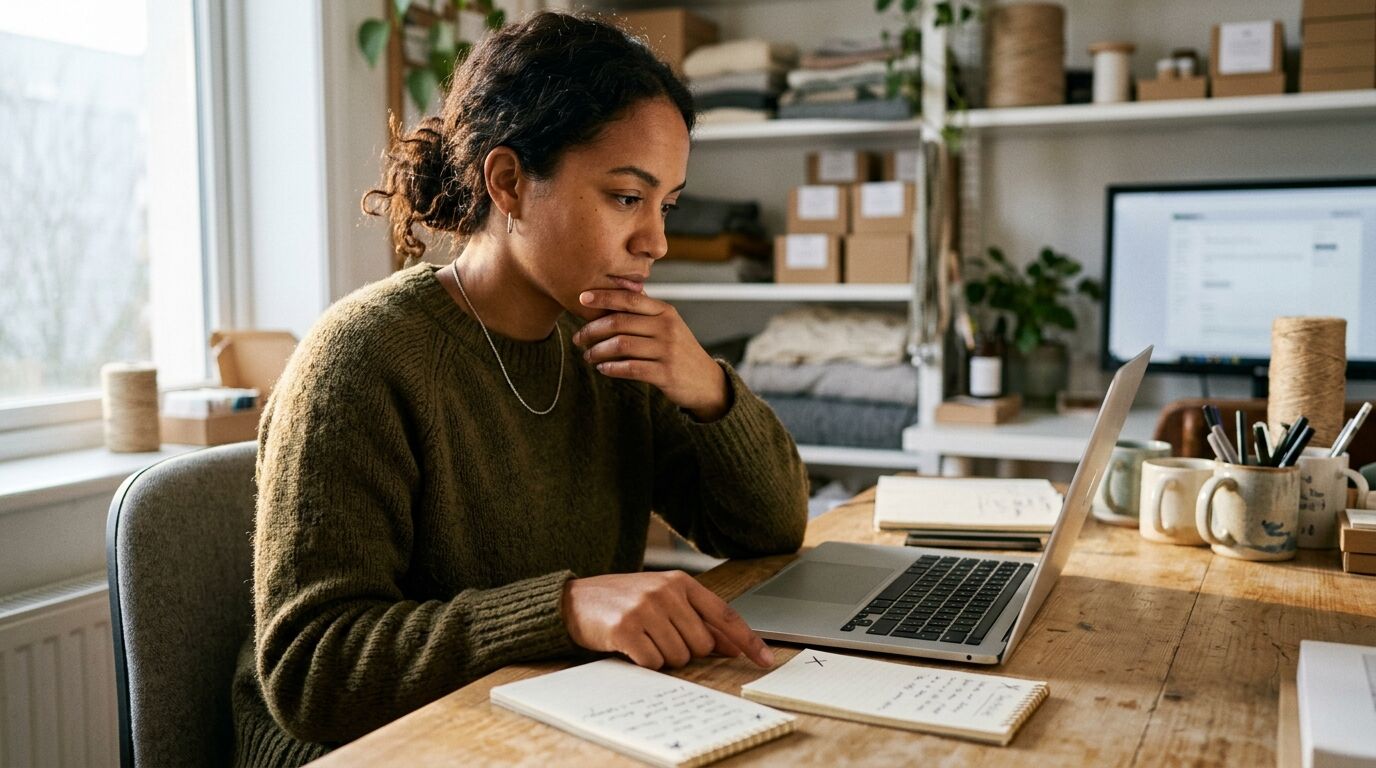A small-business owner comparing Zendesk alternatives on a laptop