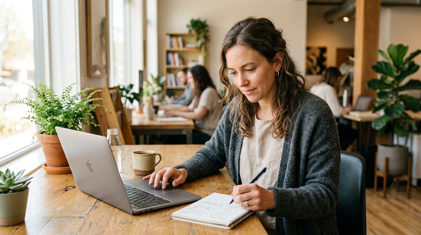 A small-business owner weighing up Zendesk vs Freshdesk at a laptop